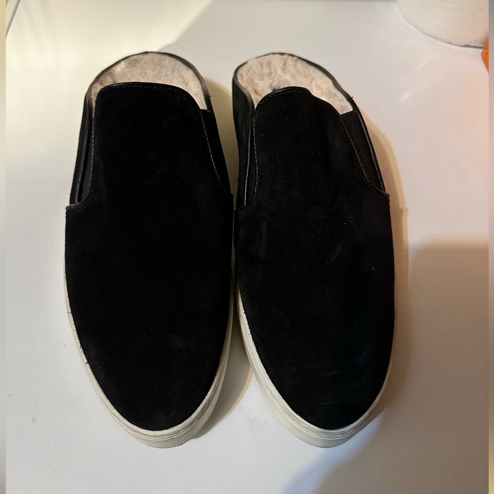 Vince black suede fur mules